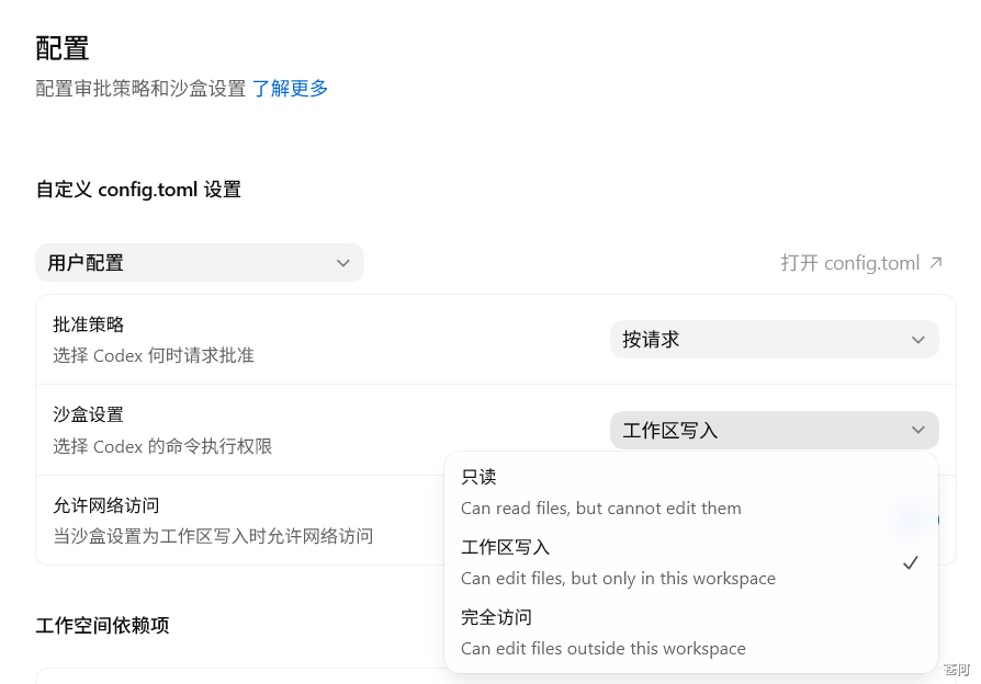 Codex 配置中的沙盒设置选项